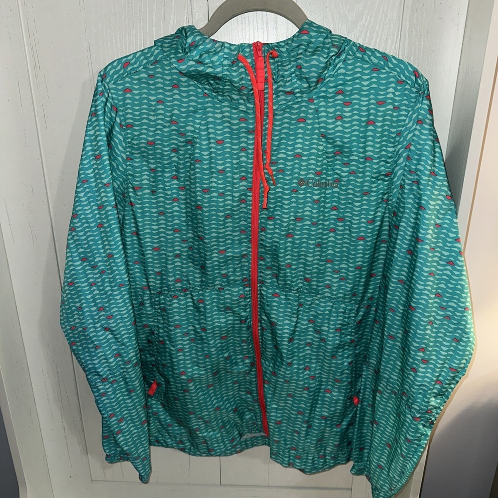 Columbia Windbreaker Women's Sz Medium Rain Jacket Green Graphic Print Hooded
